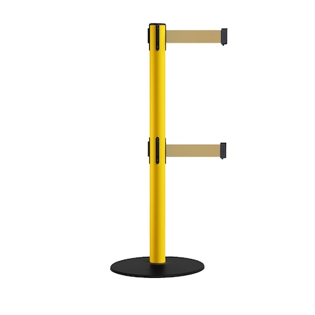 Montour Line Retractable Dbl Belt 2.5" YW Post , Low Base, 11' Lt BrwnBelt S400D-YW-LBN-110